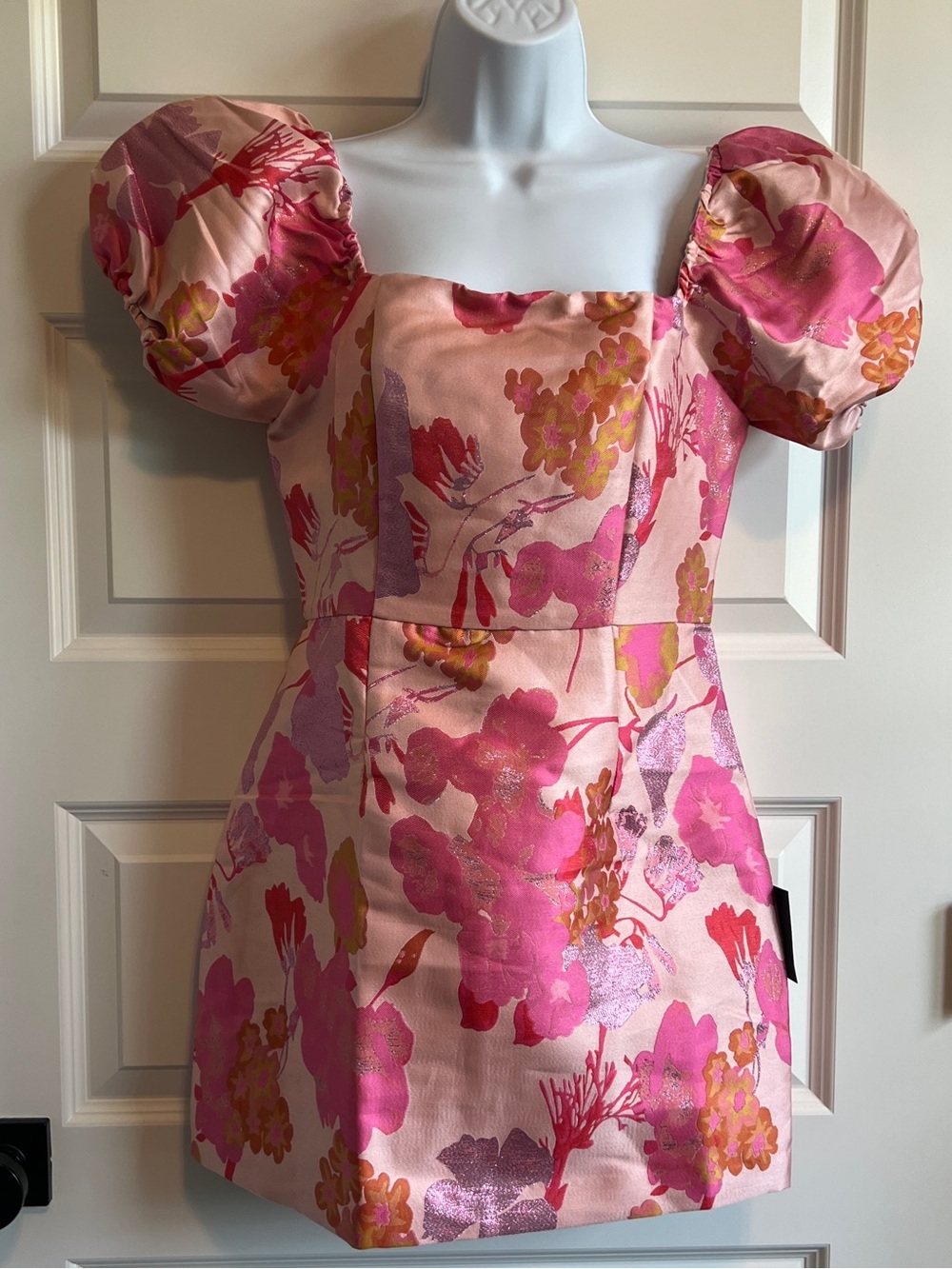 LULUS “So Stunning” Floral Jacquard Puff Sleeve Mini Dress - Picture 5 of 10